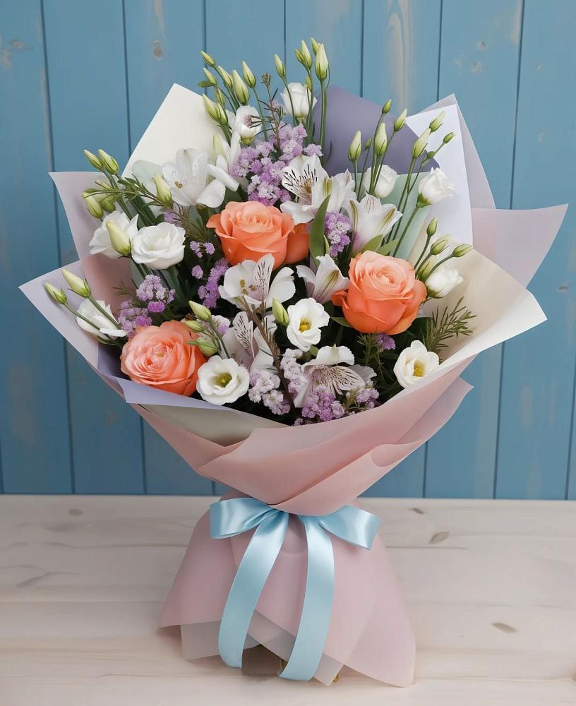 Букет цветов из: Лизиантусы, Розы, Альстромерии и Гипсофила в Ленинауле