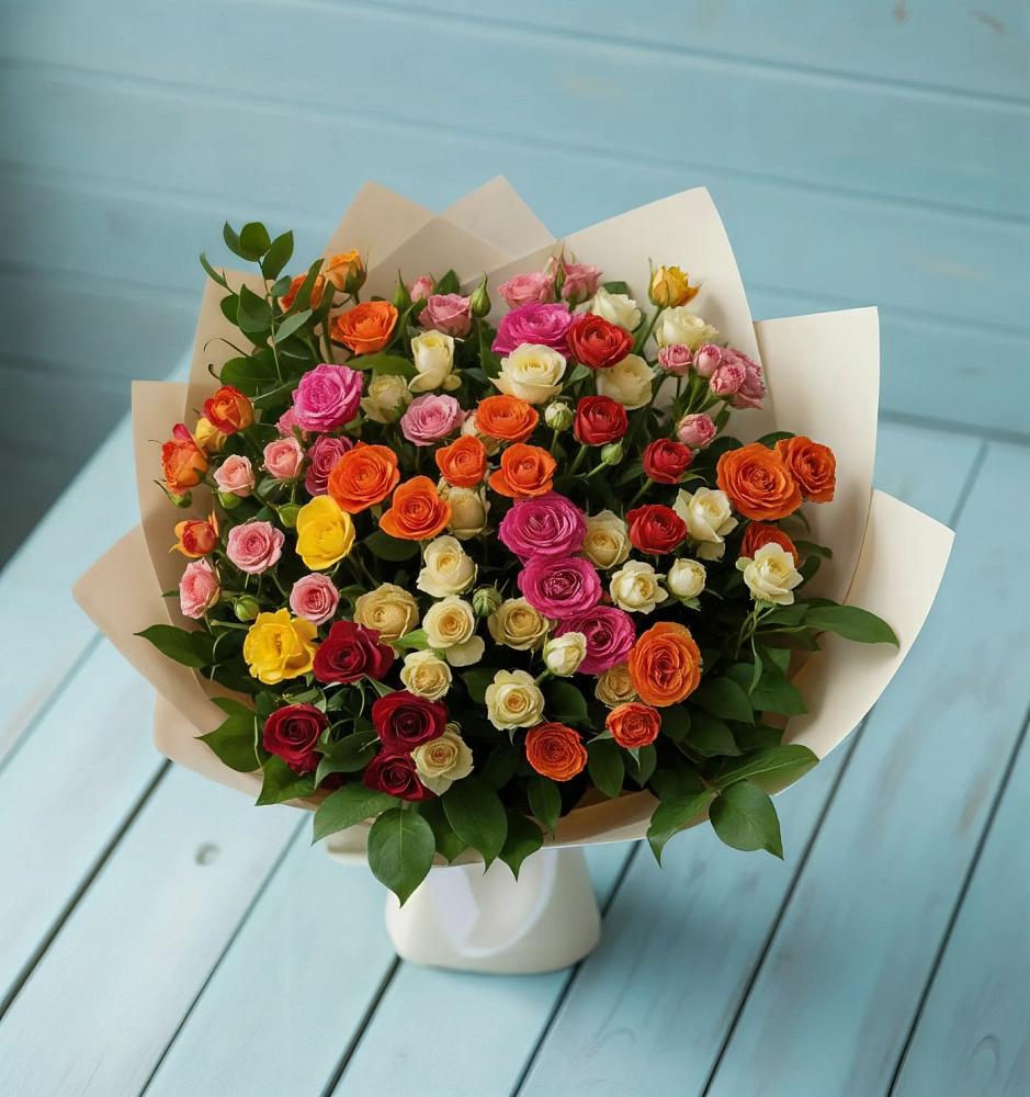 Букет Микс из разноцветных кустовых роз в Ленинауле