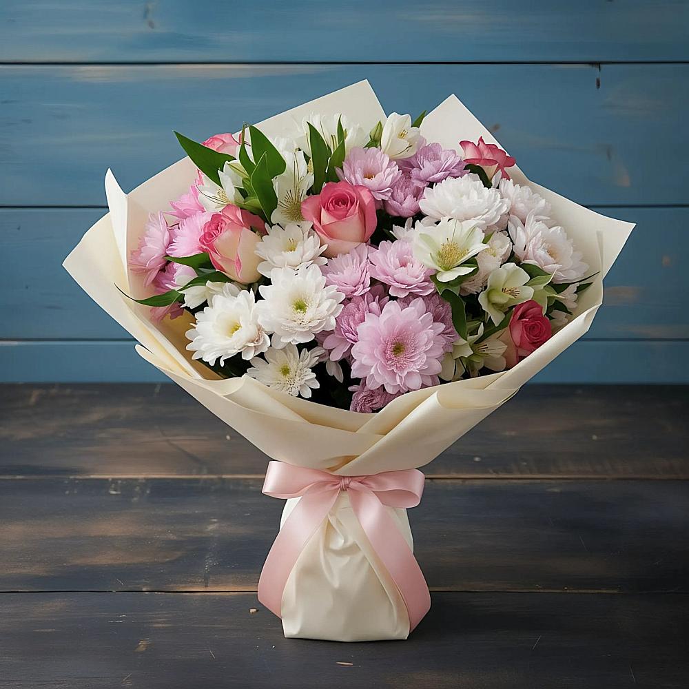 Букет цветов из: Хризантемы, Альстромерии и Розы в Ленинауле